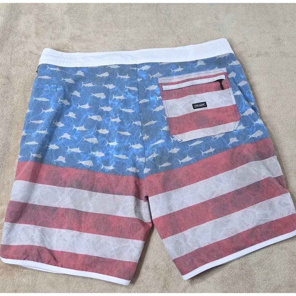 Pelagic High Performance Sharkskin Offshore Board Short 38 USA Flag Fish AOP EUC